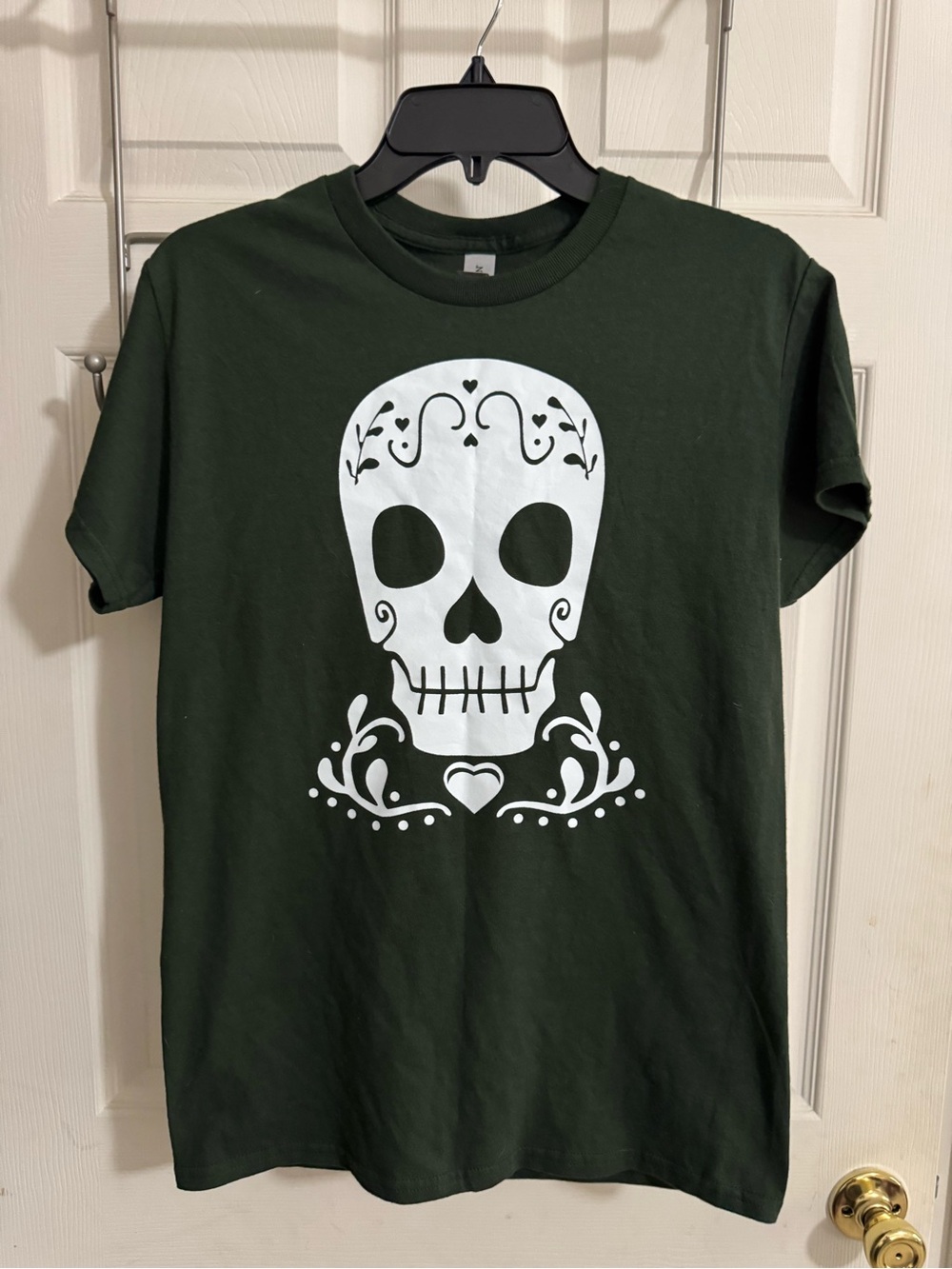 Gildan Dark Green Short Sleeve Tee with White Sugar Skull Graphic